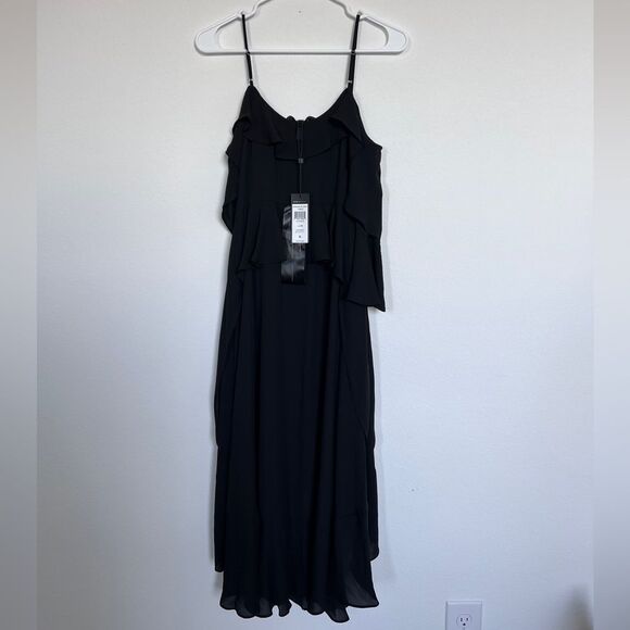 Bcbgmaxazria Women's Lorelie Black Cold Shoulder Asymmetrical Dress with Ruffles - Picture 5 of 8